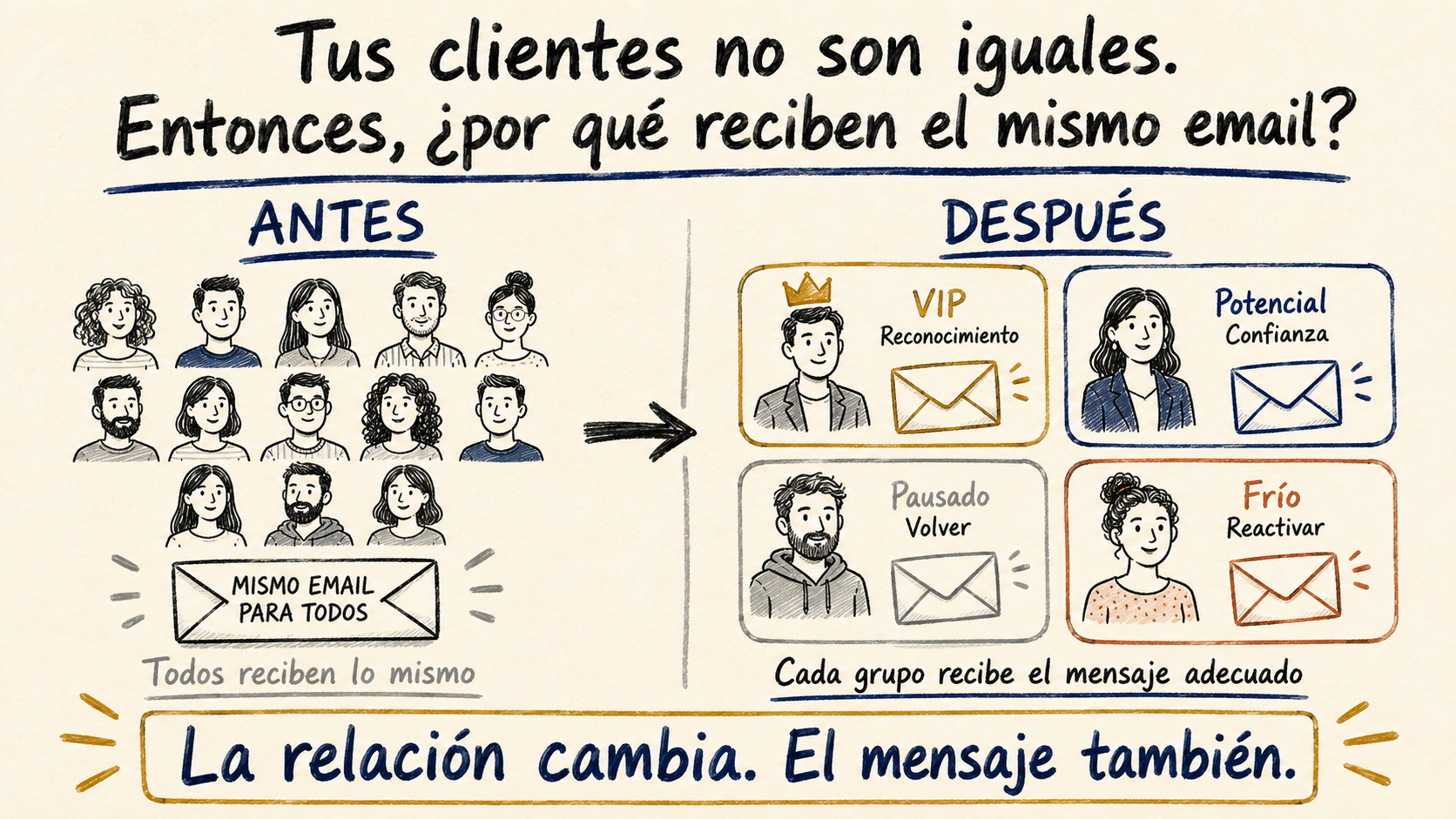 Ilustración sobre segmentación de clientes: un mismo email se adapta a clientes VIP, potenciales, pausados y contactos fríos