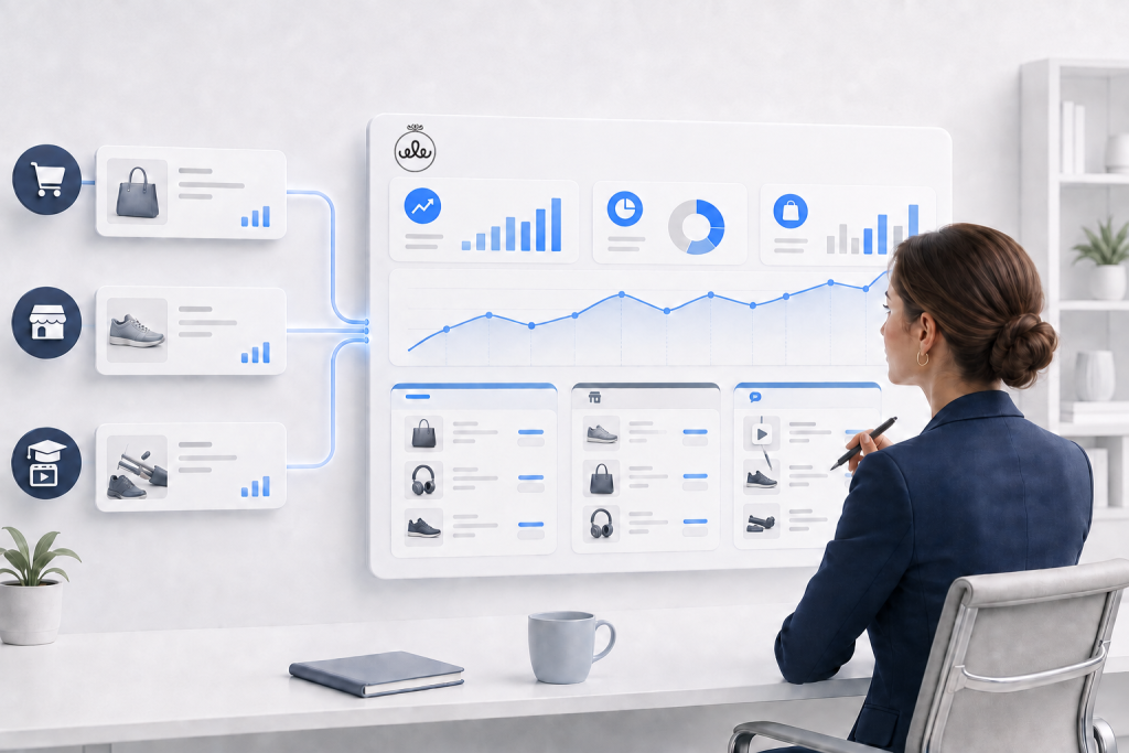 Mujer revisando un dashboard con datos unificados de zapatos, bolsos y cursos de fabricación de calzado