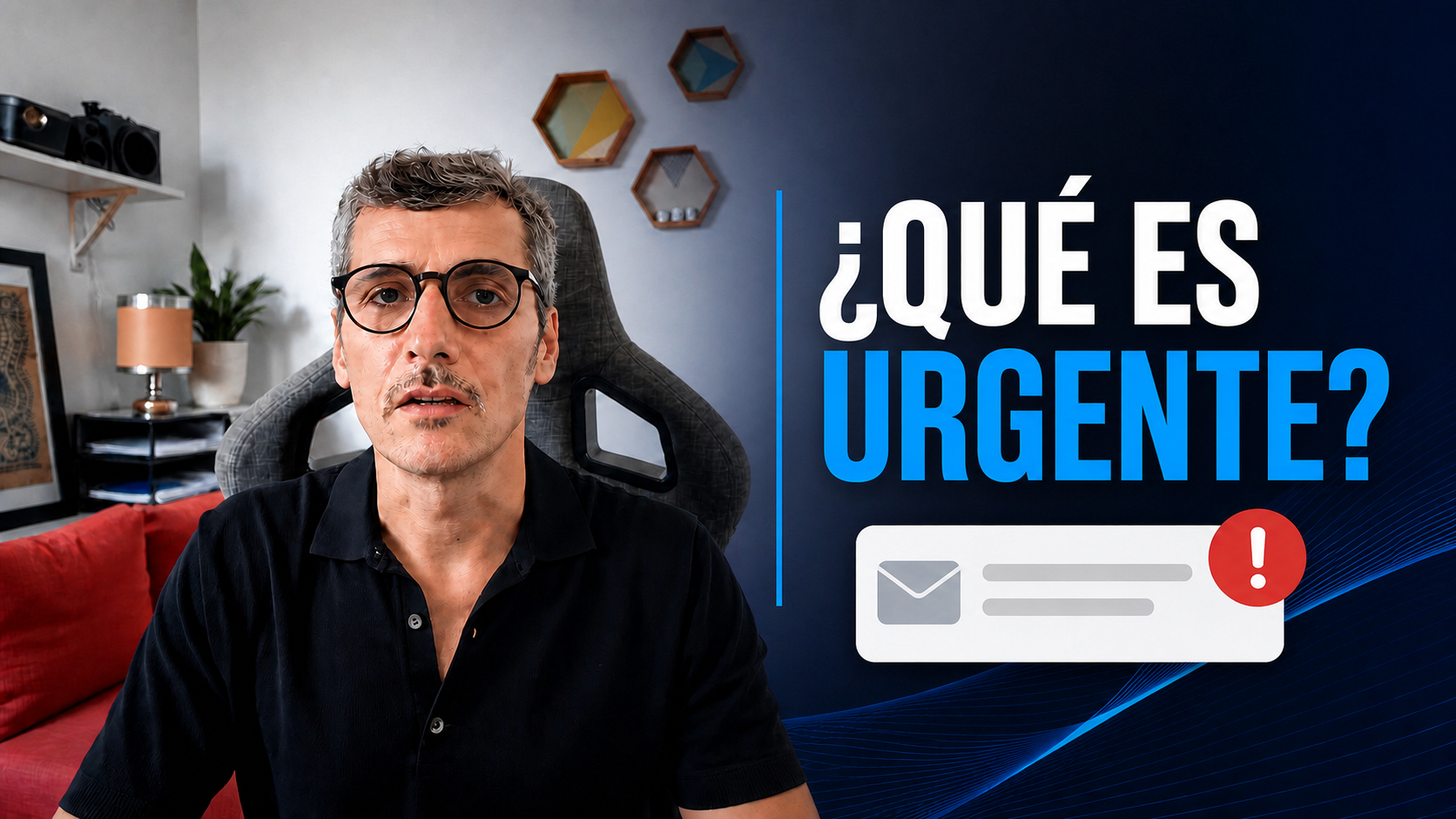 Pedro Alcázar con el texto "¿Qué es urgente?" y un icono de correo con aviso, en la miniatura del vídeo sobre cómo organizar tus correos con IA.