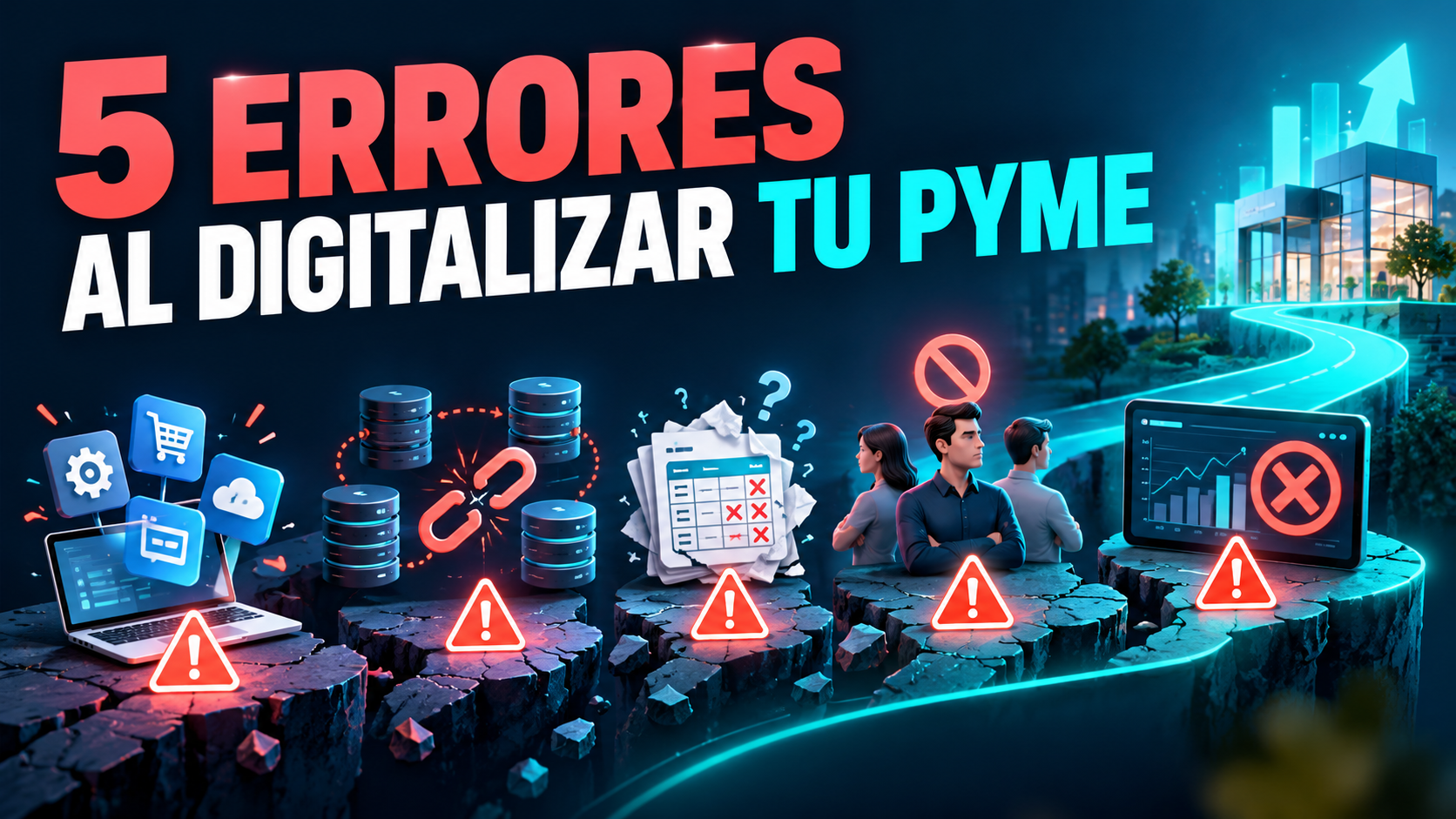 Cinco errores habituales de digitalización en pymes representados con señales de alerta