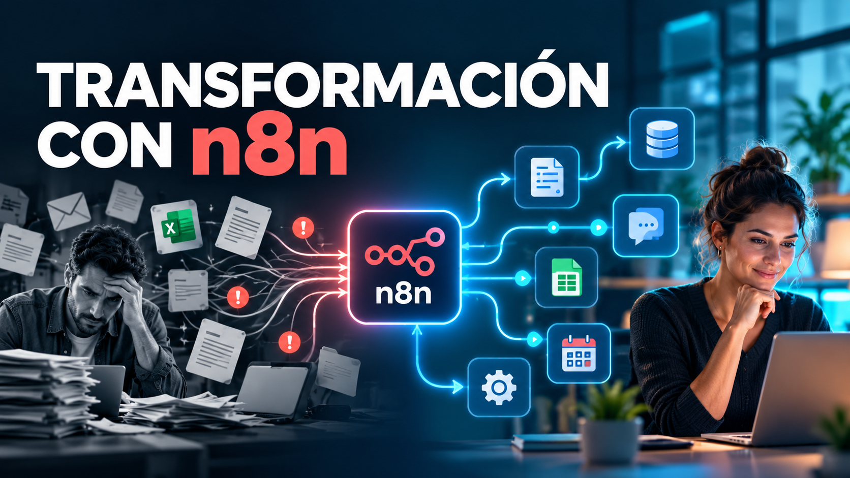 Antes y después de una transformación empresarial con flujos automatizados en n8n