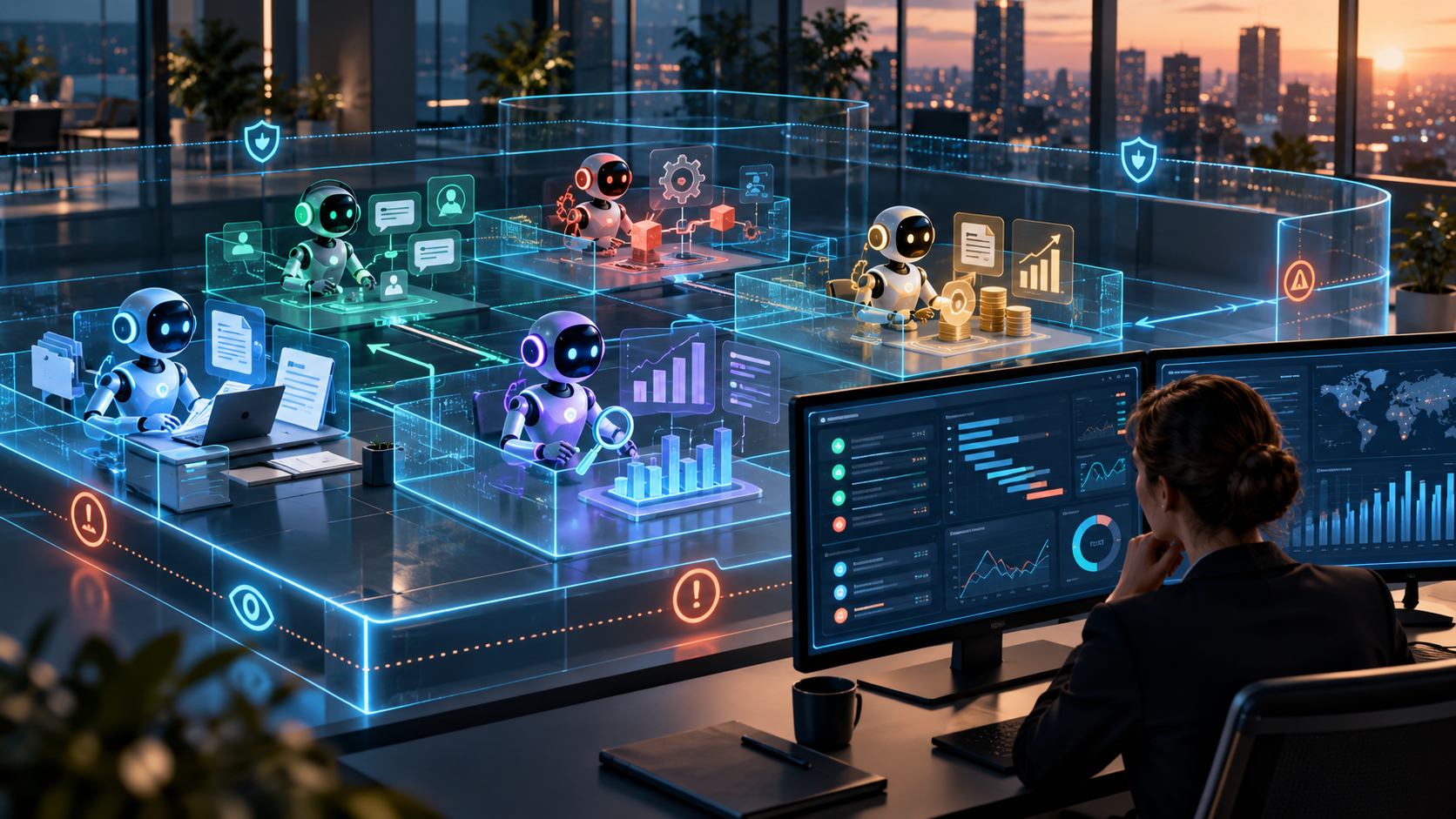 Agente de inteligencia artificial empresarial coordinando herramientas con supervisión humana