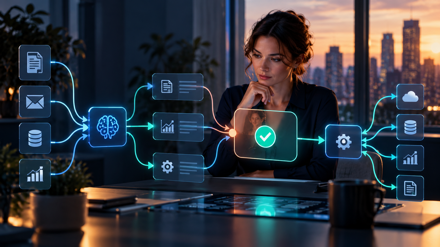 Workflow de automatización con IA, nodos conectados y aprobación humana antes de ejecutar
