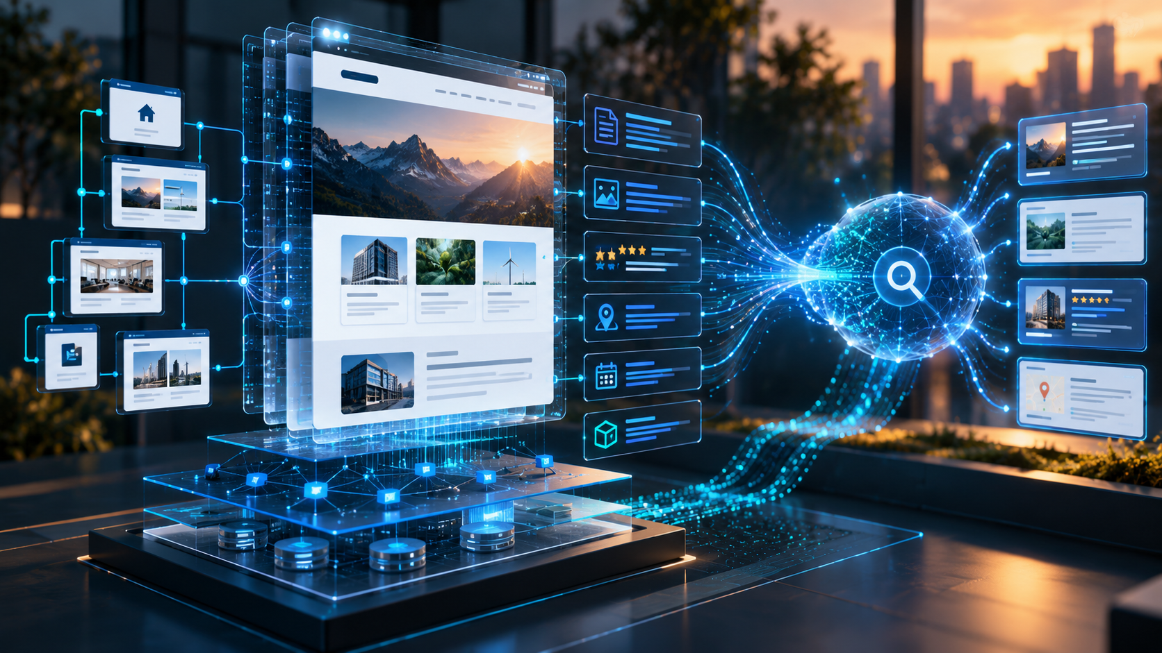 Arquitectura web conectada con buscadores de IA, datos estructurados y señales de confianza