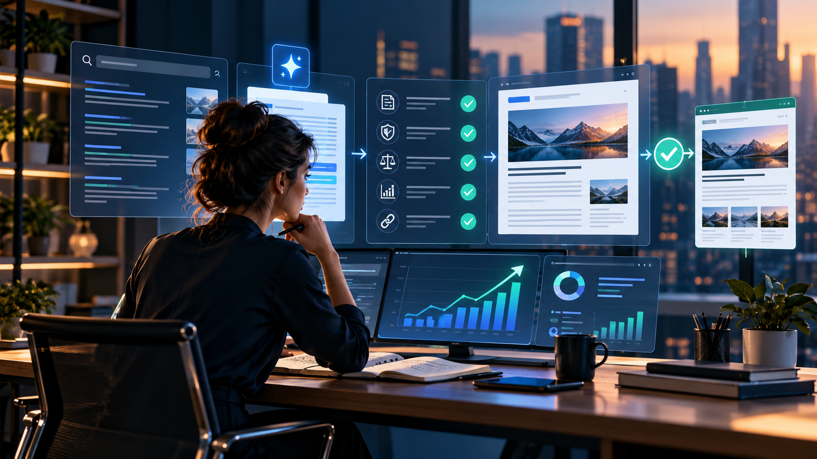 Profesional revisando contenido generado con IA para mejorar calidad, SEO y utilidad