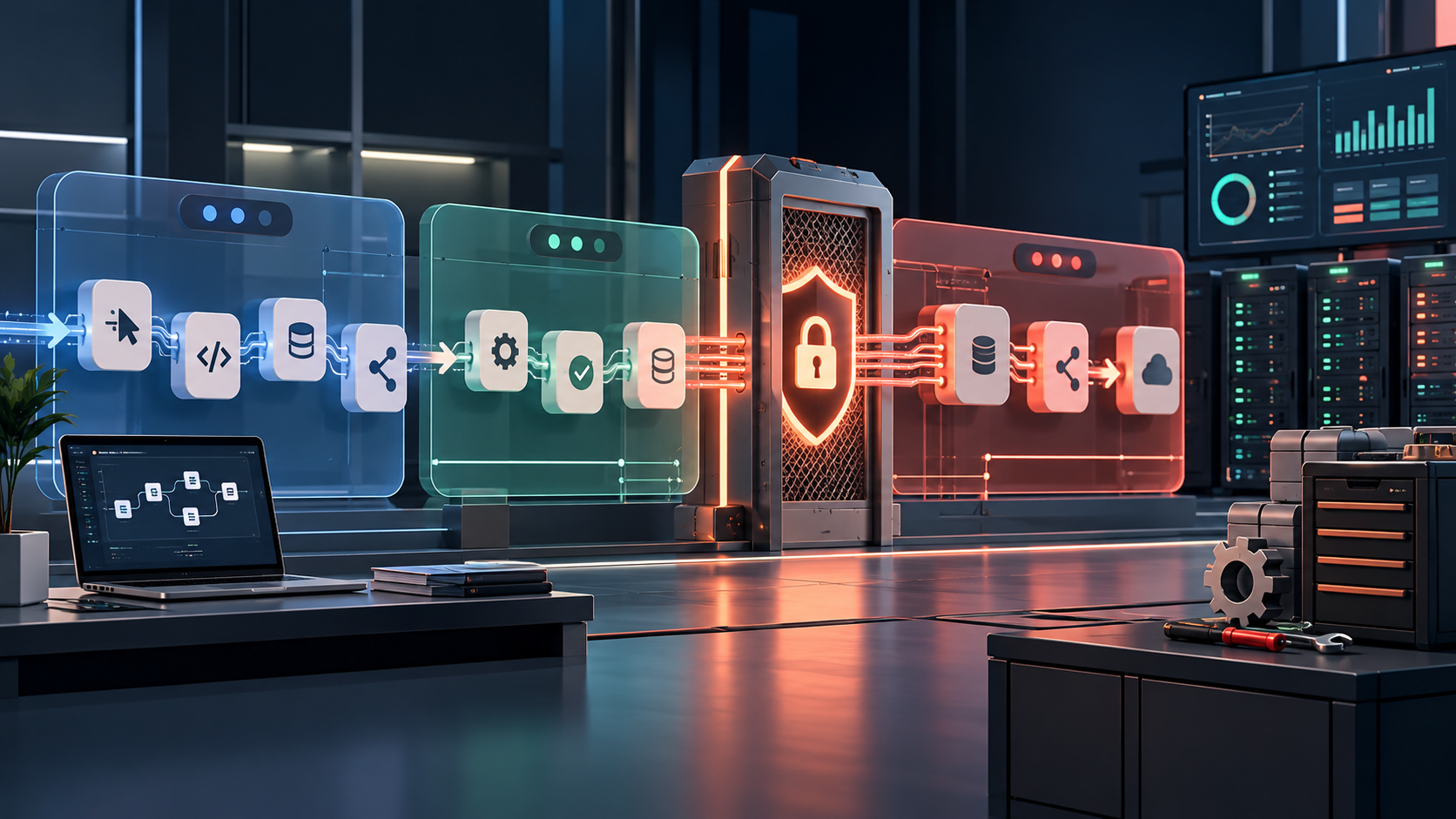 Flujo de automatización n8n protegido con seguridad, entornos separados y monitorización