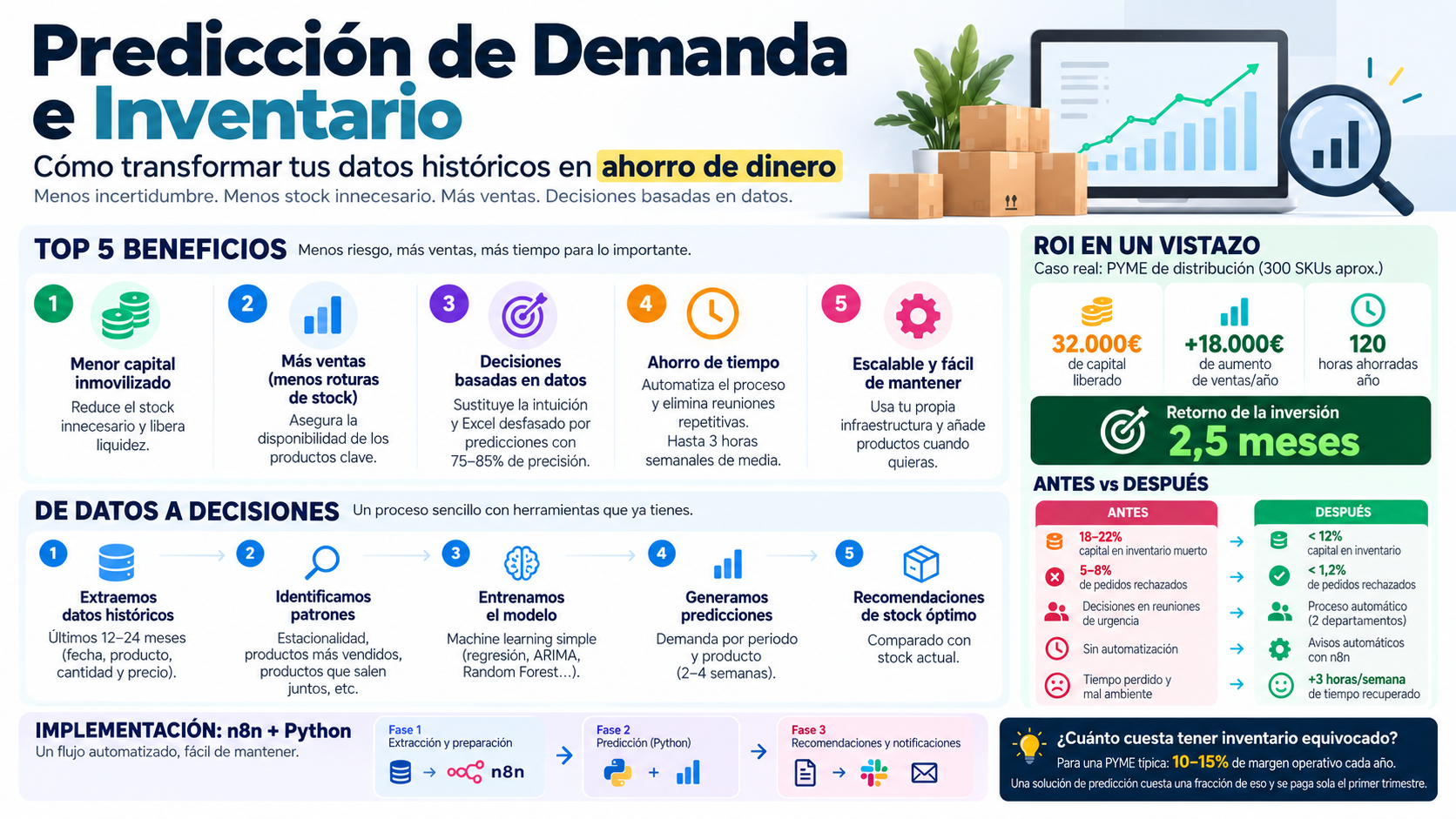 Ilustración sobre predicción de demanda e inventario para pymes: datos históricos de ventas convertidos en recomendaciones de stock con n8n y Python